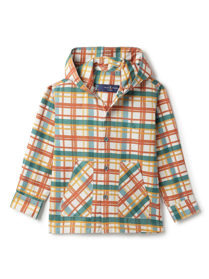 Boys Cotton Multicolor Checked Hooded Shirt