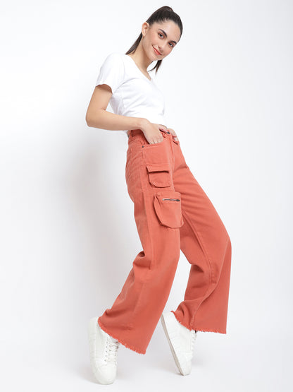 Womens Rust Flared Solid Cargo Trouser