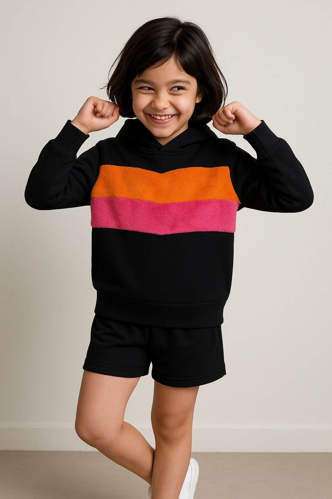 Girls Black Fur Patch Sweatshirt With Hood