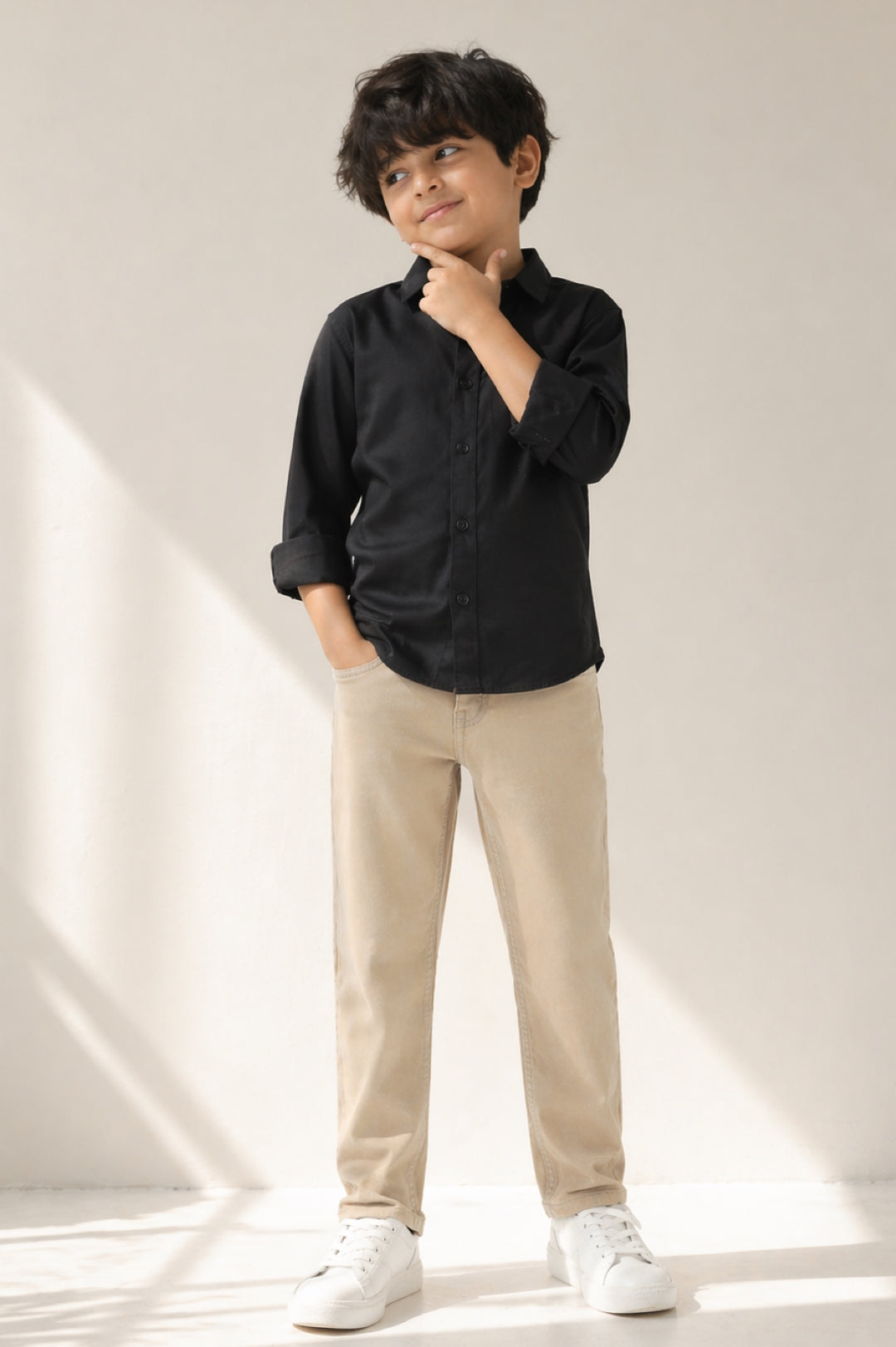 Boys Cotton Black Shirt with Beige Trouser Set