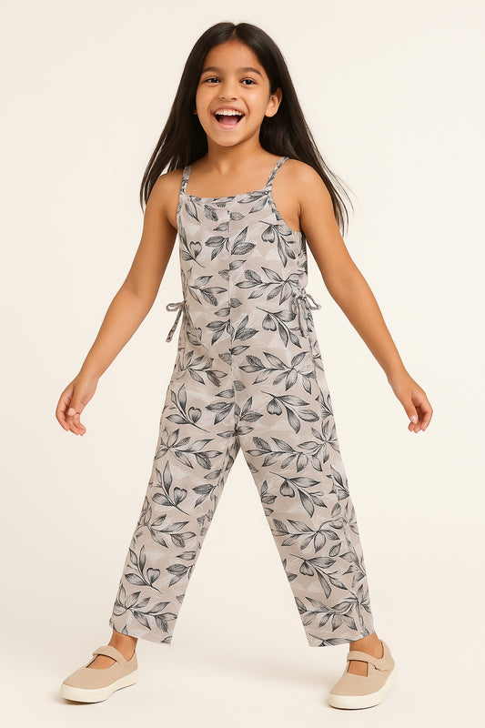 Girls Beige Regular Fit Rayon Print Dungaree