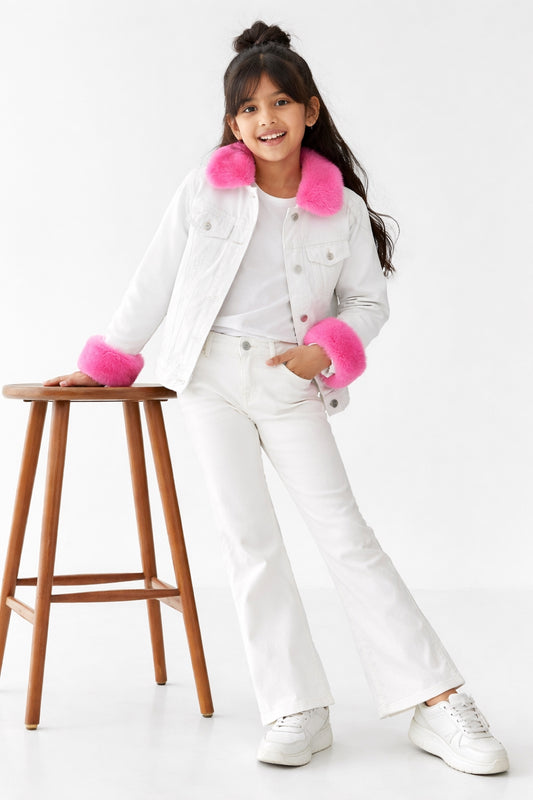Girls Regular White Denim Jacket With Faux Fur