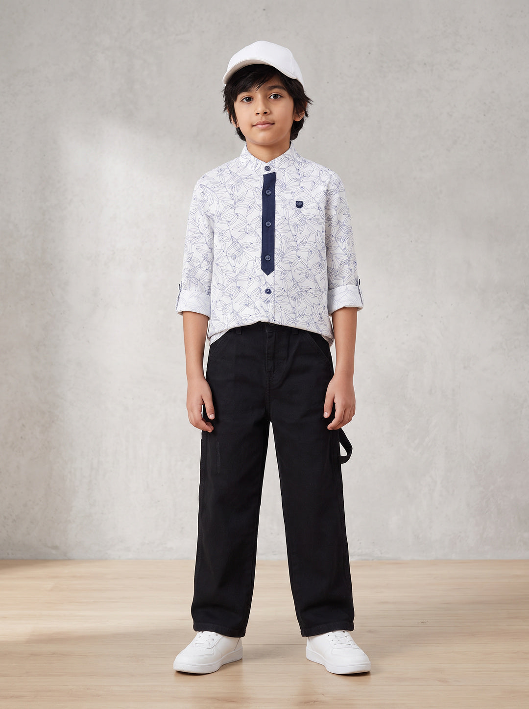 Boys Cotton White Shirt With Black Lycra Denim Solid Relaxed Fit Jeans