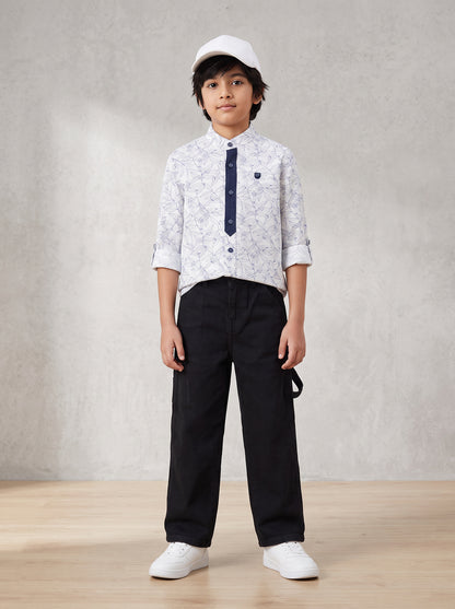 Boys Cotton White Shirt With Black Lycra Denim Solid Relaxed Fit Jeans