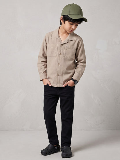 Boys Cotton Beige Shirt With Black Denim Washed Straight Fit Jeans