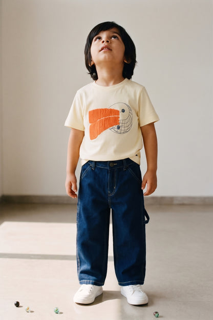 Boys Beige T-Shirts and Blue Jeans Clothing Set