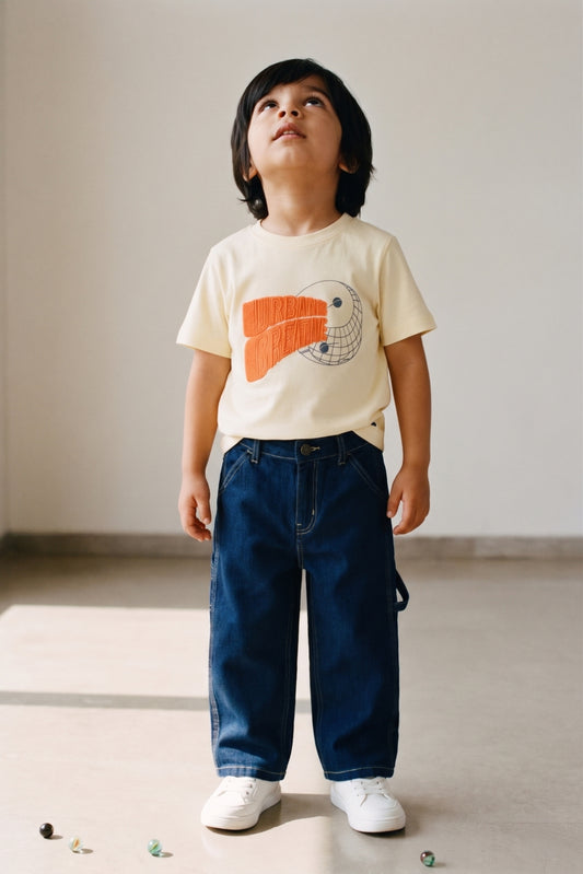 Boys Beige T-Shirts and Blue Jeans Clothing Set