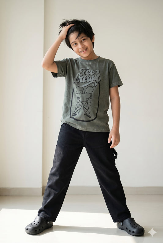 Boys  Cotton Olive T-Shirts With Black Denim Jeans Clothing Set