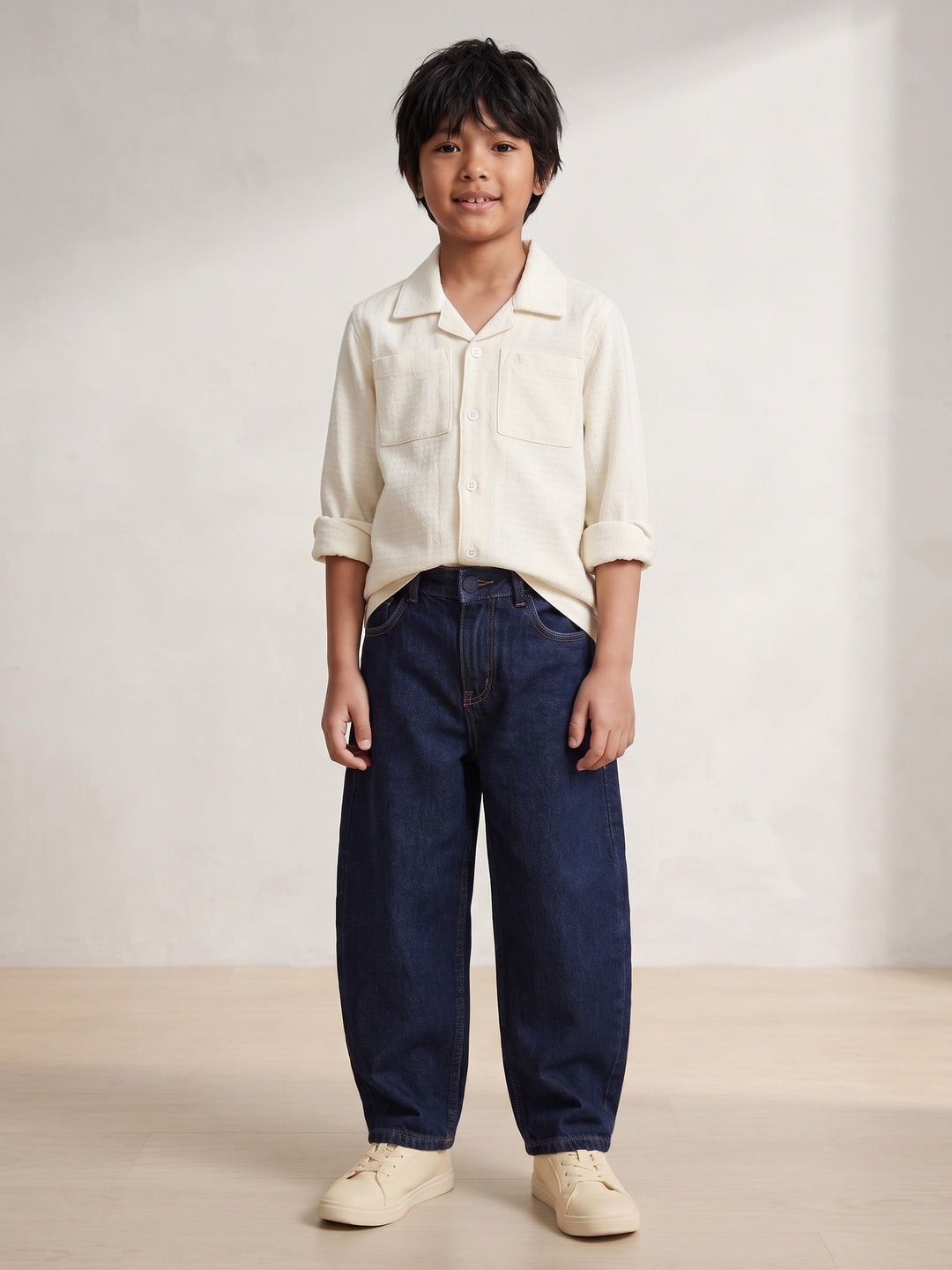 Boys Cotton Cream Shirt With Blue Denim Washed Regular Fit Jeans