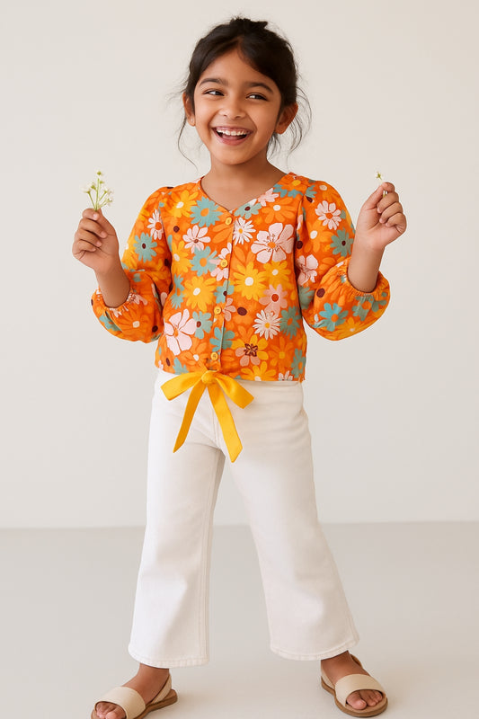 Girls Multi-Color Viscose Printed V-Neck Top