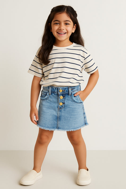 Girls Blue A-Line Lycra Denim Washed Casual Skort