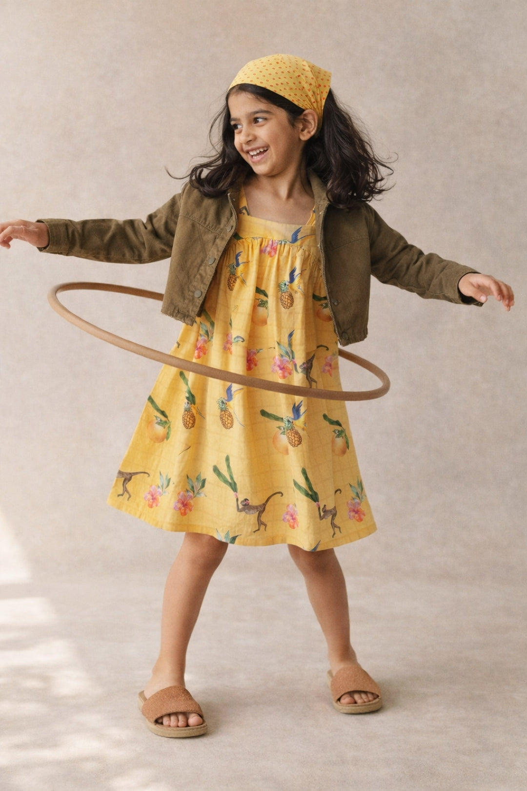 Girls Yellow Floral Printed Cotton Dress with Olive Denim Jacket