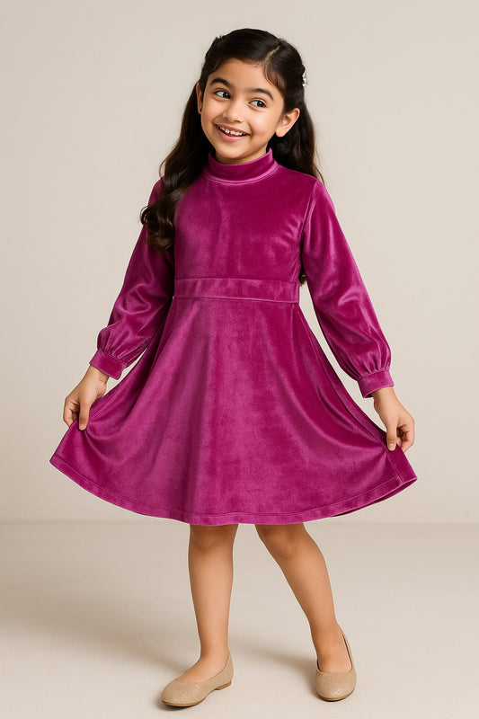 Girls Pink Solid Velvet Dress