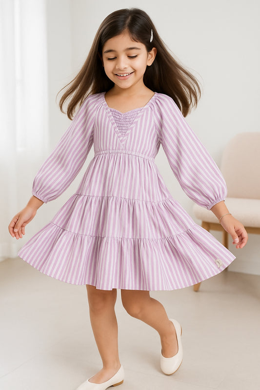 Girls Pink Rayon Regular Fit Full Sleeves Stripe Dress