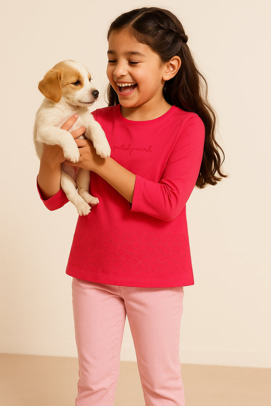 Girls Cotton Magenta Pink Embroidery T-Shirt