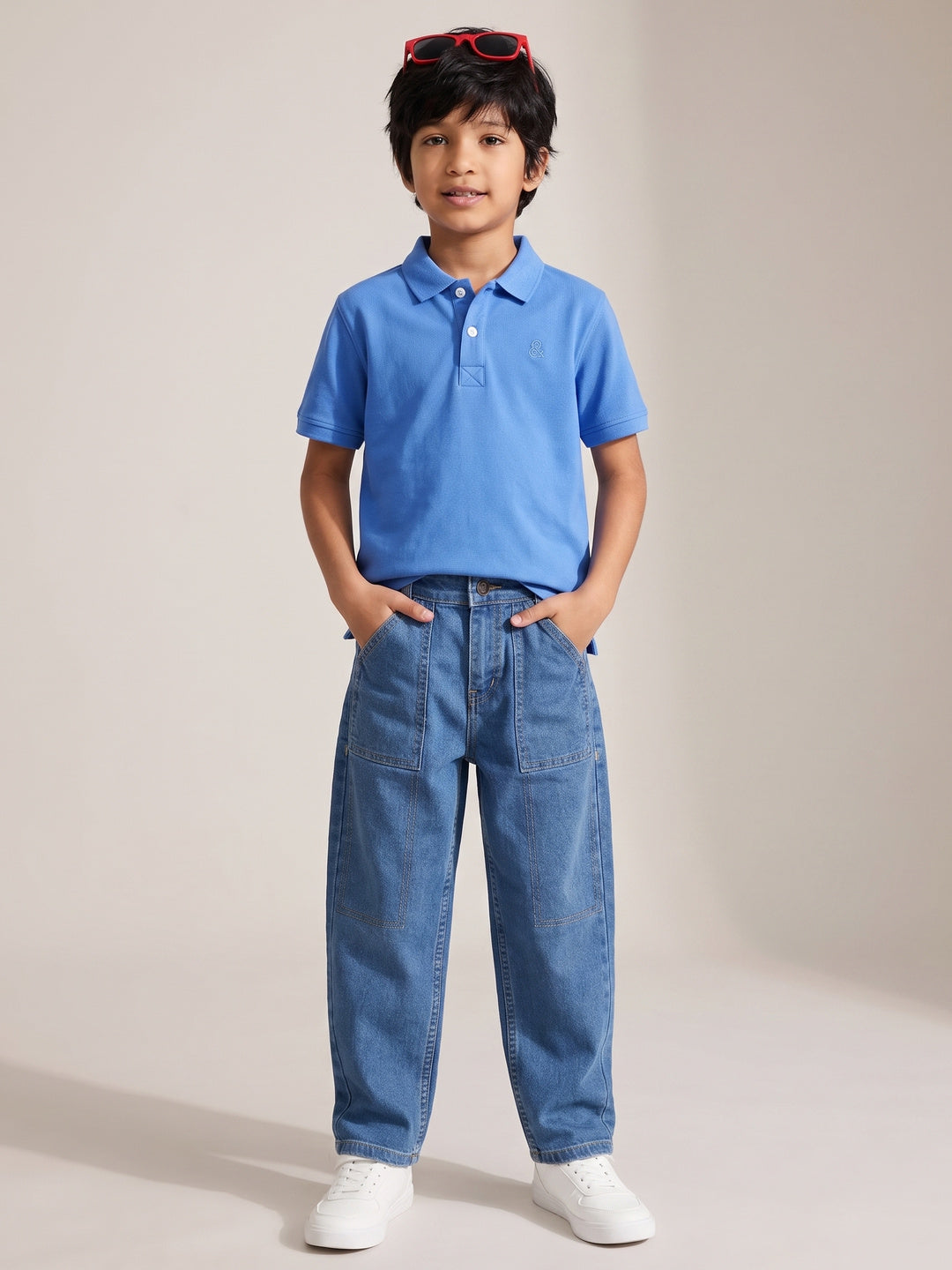 Boys Cotton Blue T-Shirt With Blue Denim Washed Regular Fit Jeans