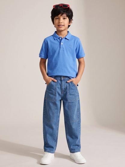 Boys Cotton Blue T-Shirt With Blue Denim Washed Regular Fit Jeans