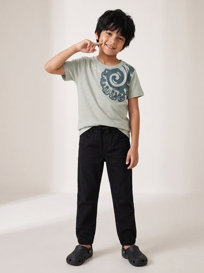 Boys Cotton Printed Grey T-Shirt With Black Denim Solid Slim Fit Joggers