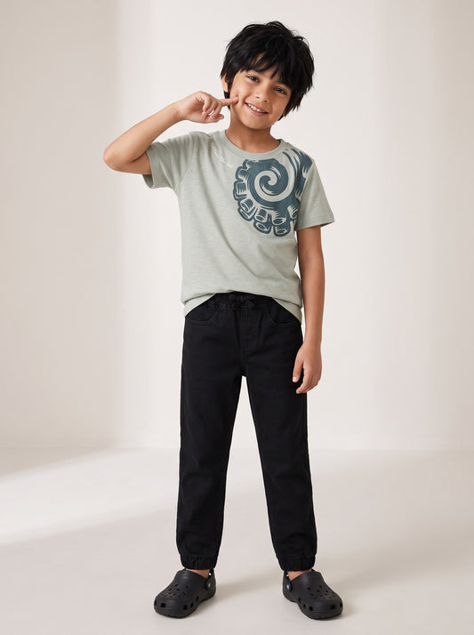 Boys Cotton Printed Grey T-Shirt With Black Denim Solid Slim Fit Joggers