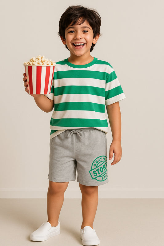 Boys Grey Cotton Poly Printed Bermuda Shorts