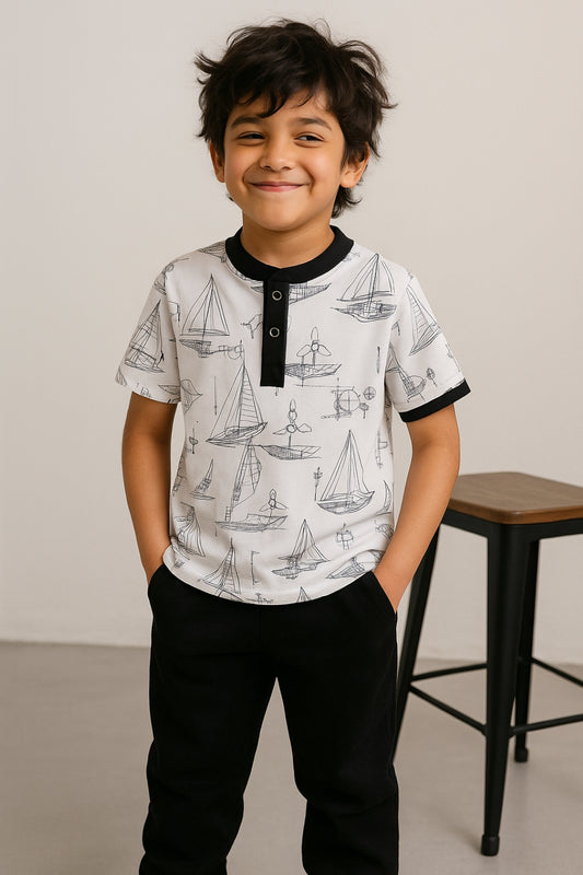 Boys White Cotton Printed T-Shirt