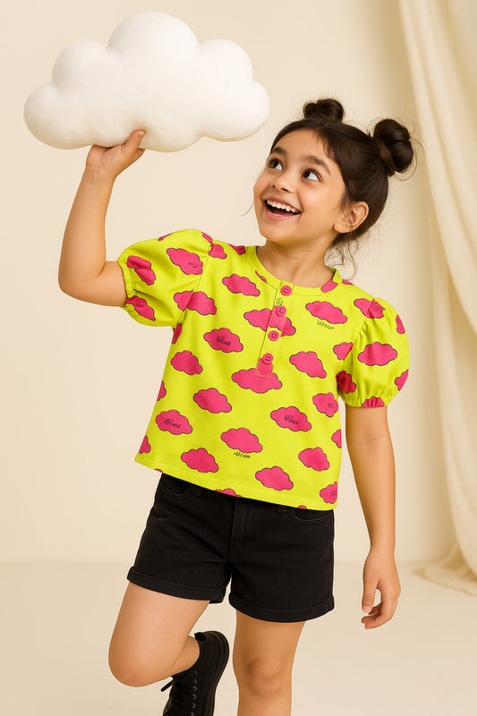 Girls Yellow Printed Viscose Top