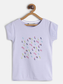 Purple Girls Cotton Embroidered T-shirt