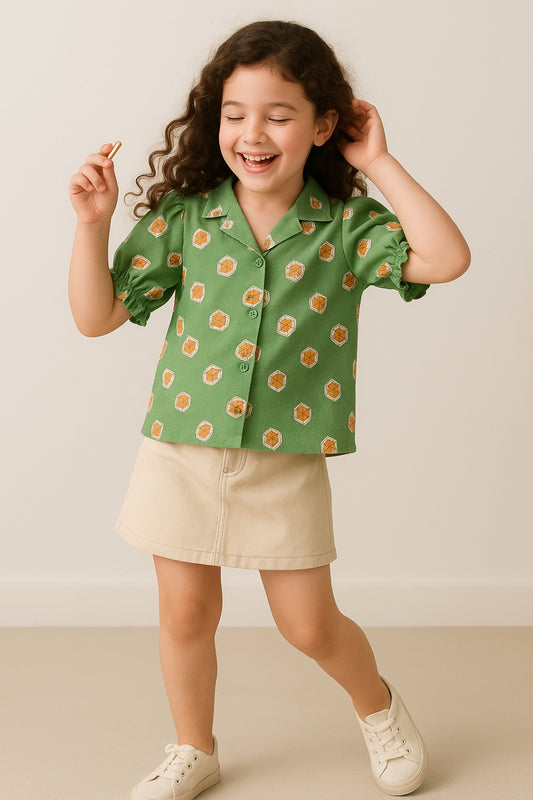 Girls Viscose Green Printed Top