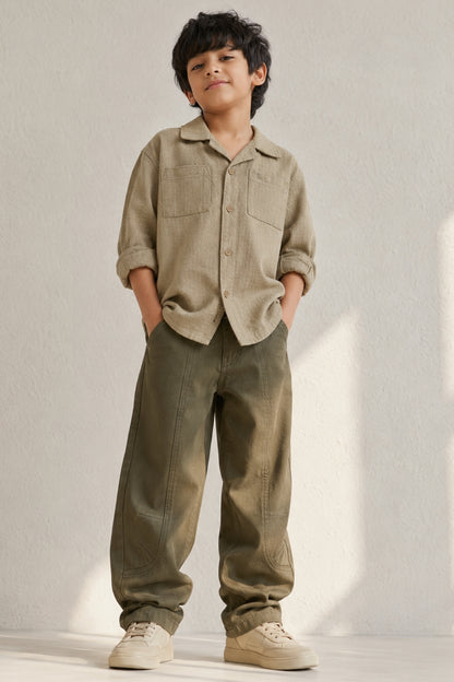 Boys Cotton Olive Shirt With Trouser Clothing Set