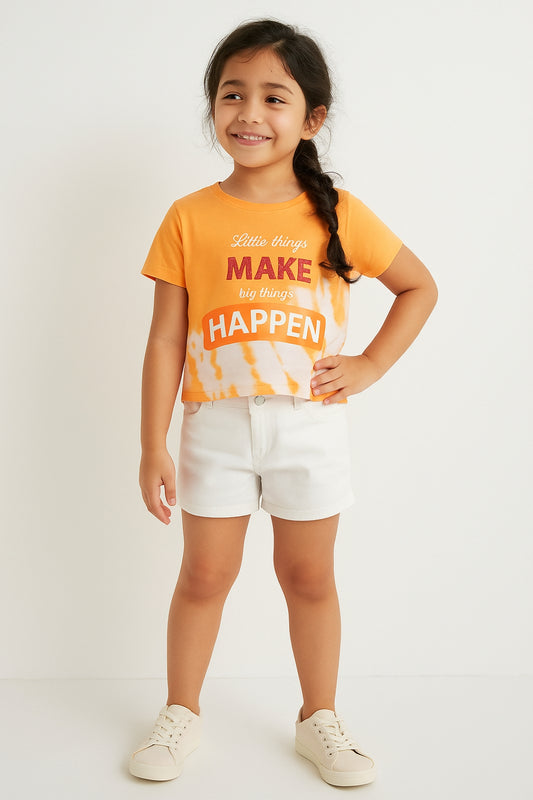 Girls Orange Cotton Embroidery T-shirt