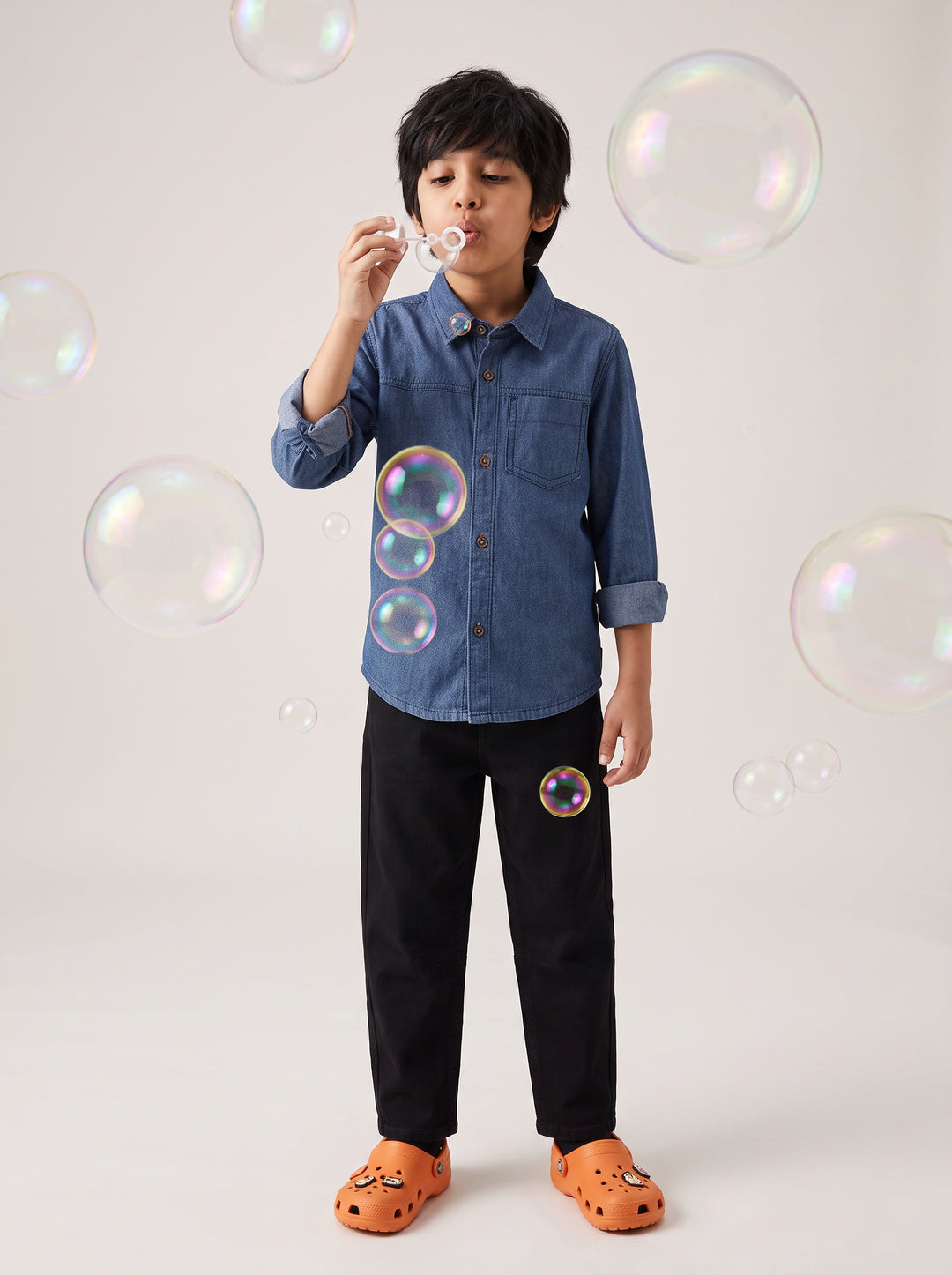 Boys Cotton Solid Blue Shirt With Black Denim Washed Barrel Fit Jeans