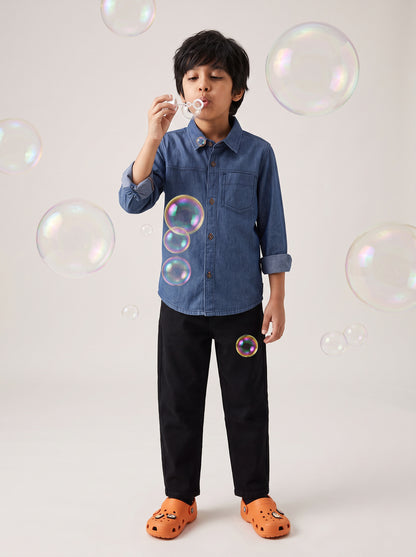 Boys Cotton Solid Blue Shirt With Black Denim Washed Barrel Fit Jeans