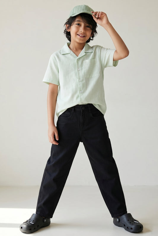 Boys Cotton Green Shirt With Black Denim Jeans Clothing Set