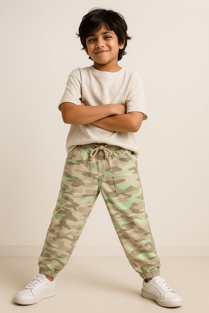 Boys Green Printed Cotton Joggers