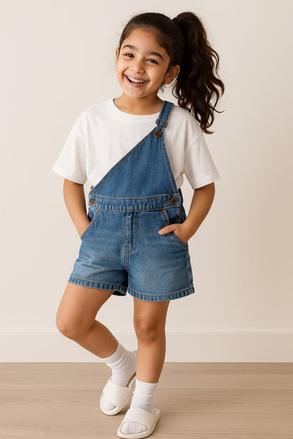 Girls Denim Cotton Blue Half Dungaree