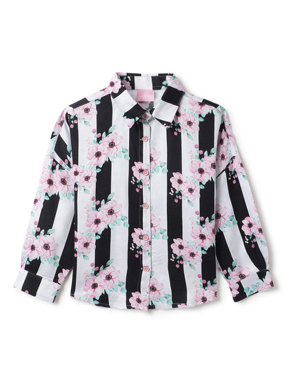Girls Black Floral Printed Shirt