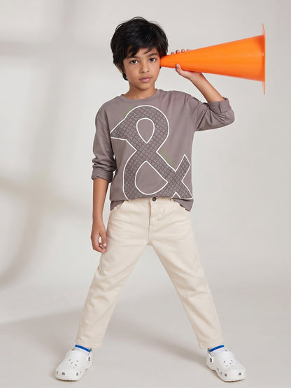 Boys Cotton Printed Grey T-Shirt With Beige Cotton Solid Slim Fit Trouser