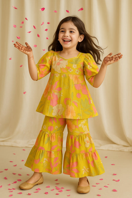 Girls Lime Yellow Printed Top & Sharara Ethnic Set