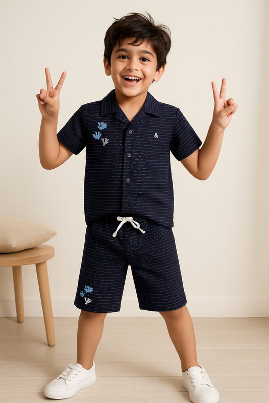 Boys Navy Blue Cotton Striped Shirt & Shorts Set