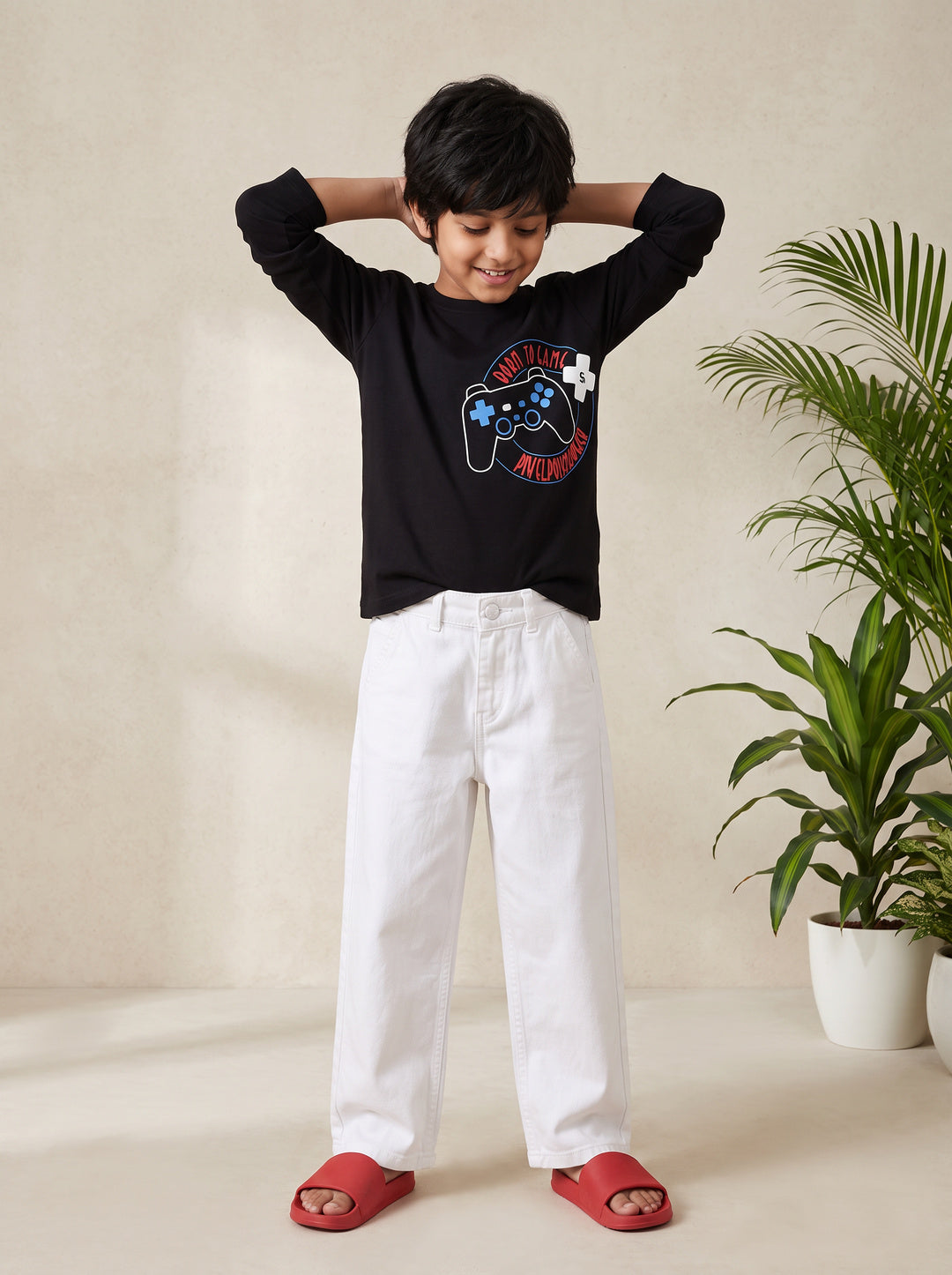 Boys Cotton Printed Black T-Shirt With White Lycra Denim Solid Baggy Fit Jeans