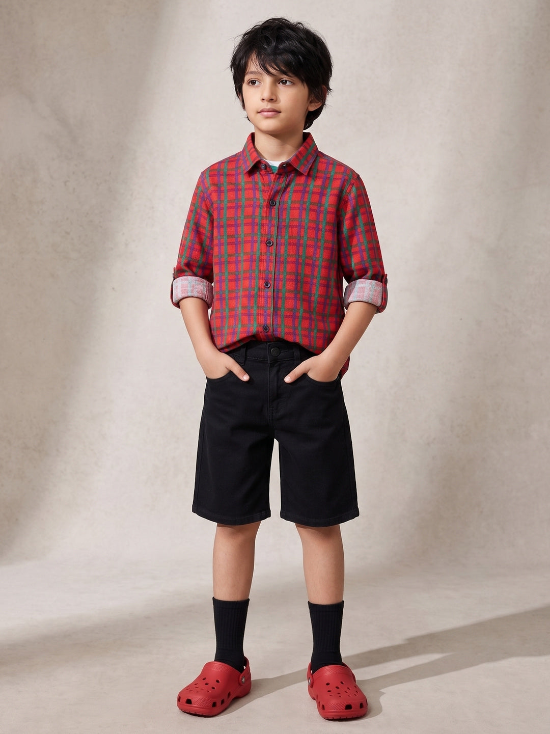 Boys Cotton Red Checks Shirt With Black Denim Solid Regular Fit Short