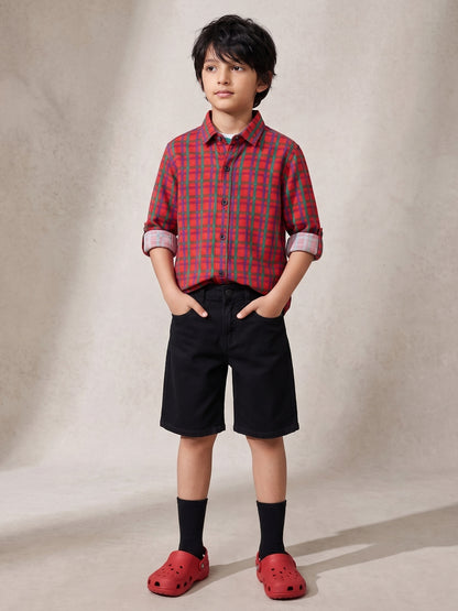 Boys Cotton Red Checks Shirt With Black Denim Solid Regular Fit Short