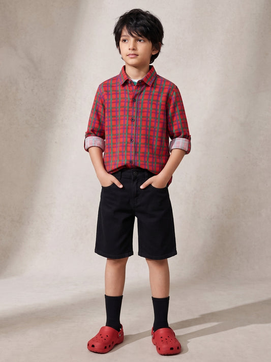 Boys Cotton Red Checks Shirt With Black Denim Solid Regular Fit Short