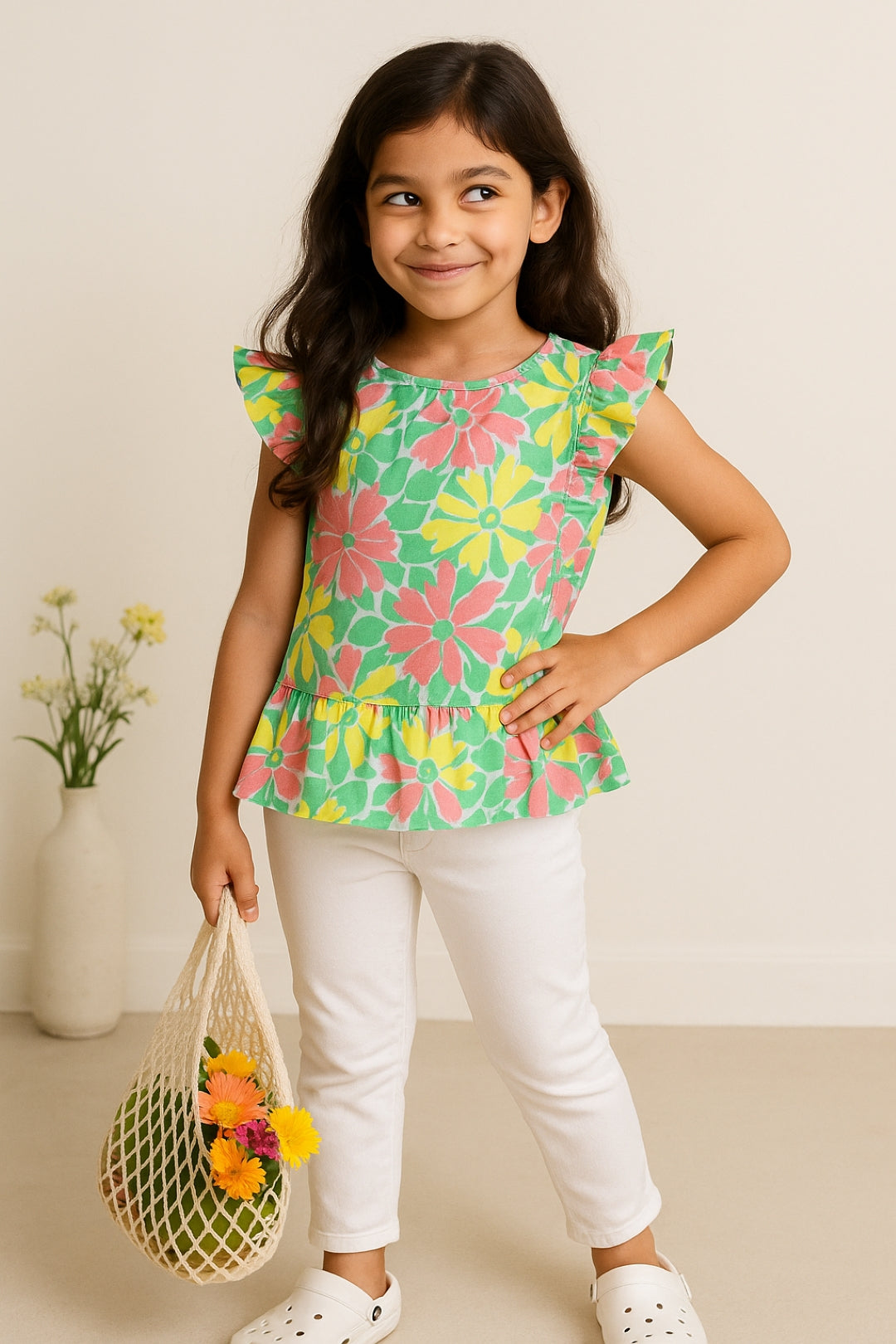 Girls Green Floral Printed Sleeveless Viscose Top