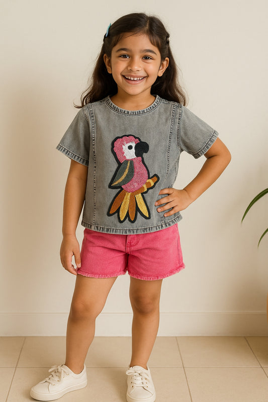 Girls Grey Sequin Embroidery Cotton