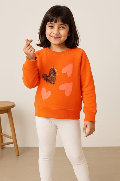 Girls Orange Cotton Printed Oversized Sweatshirt