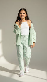 Girls Mint Green Tie & Dye Cotton Jeans