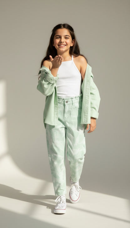Girls Mint Green Tie & Dye Cotton Jeans