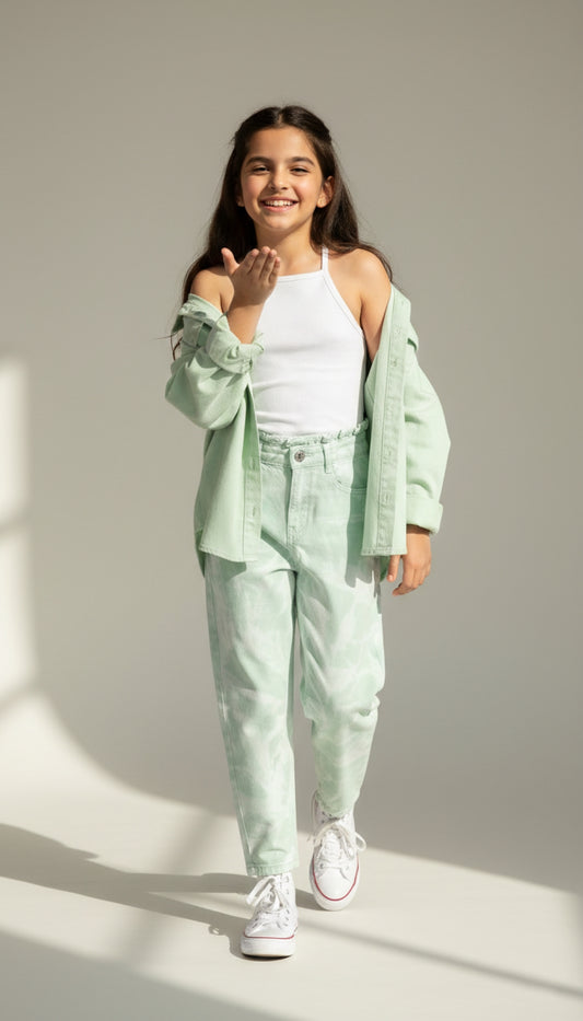 Girls Mint Green Tie & Dye Cotton Jeans