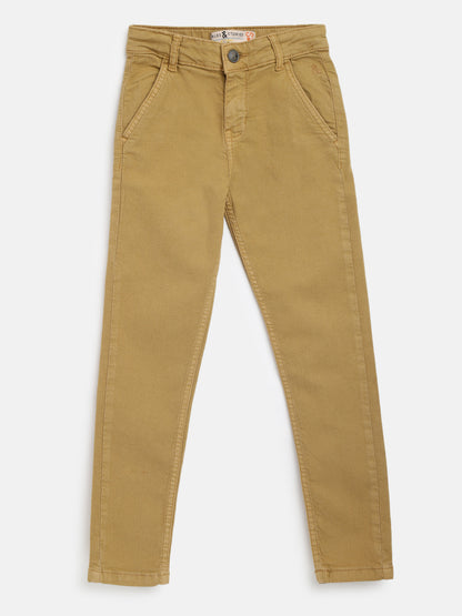 Boys Khaki Cotton Slim Fit Solid Trouser